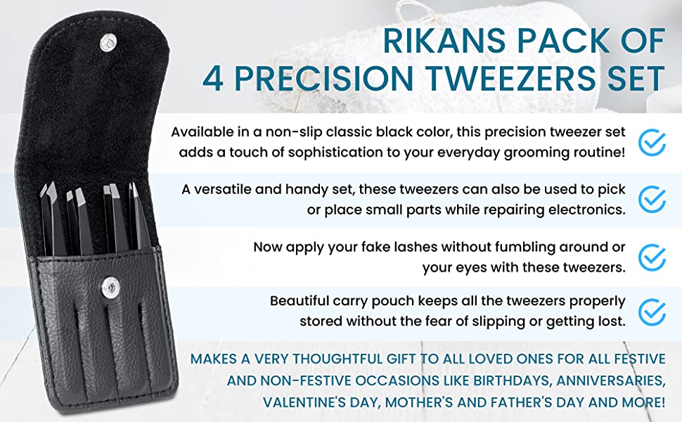 Rikans Precision Tweezers Set, Pack of 4 Black Professional Tweezers,Handy Carry Pouch