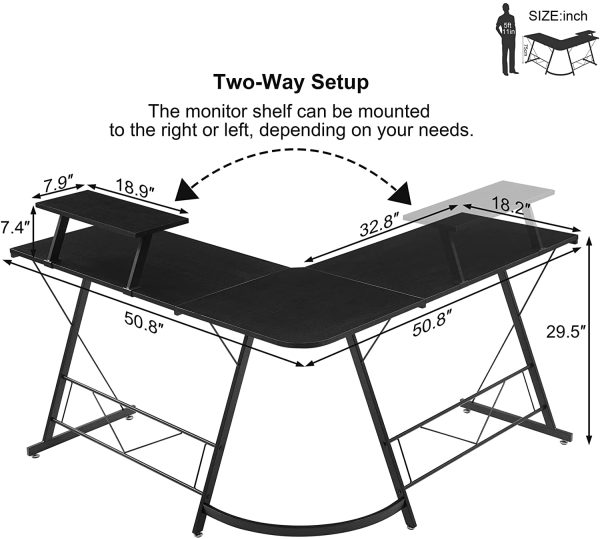 L-Shaped Desk 50.8" Computer Corner Desk, Home Gaming Desk, Office Writing Workstation with Large Monitor Stand, Space-Saving, Easy to Assemble, Black - Image 2