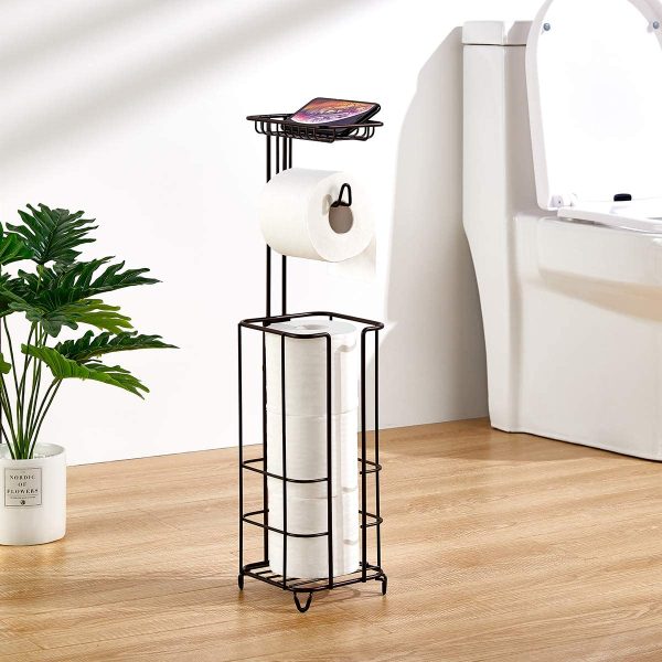 zccz Toilet Paper Holder Stand, Free Standing Bathroom Toilet Tissue Holder Stand Toilet Roll Holder Stand Toilet Paper Storage Dispenser with Shelf for Cell Phones, Wipe, Wallet and More, Brown - Image 3