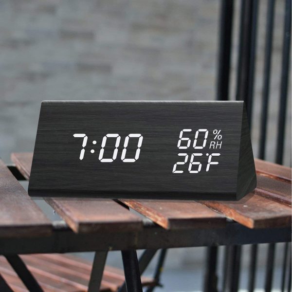 Digital Alarm Clock, with Wooden Electronic LED Time Display, 3 Alarm Settings, Humidity & Temperature Detect, Wood Made Electric Clocks for Bedroom, Bedside, Black - Image 5