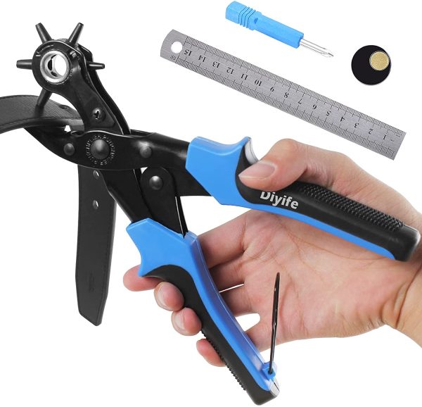 Belt Hole Puncher, [Perfect Full Set] [2mm-4.5mm]  Leather Punch with Ruler, Extra Plate, Screwdriver, Heavy Duty Revolving Punch Plier for Crafts, Card, Rubber, Paper