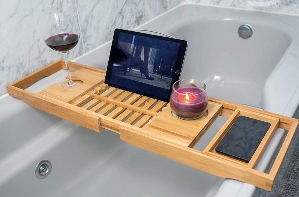 Utoplike Bathtub Caddy Tray, Bamboo Tub Tray with Sliding Towel Holder, Bath Table with Book Holder, Phone Stand and Adjustable Book Reading Rack, Tablet Slots - Image 2