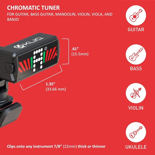 KLIQ Ultra-TinyTuner (UT2), Micro Clip-On Tuner - for use with Guitar, Ukulele, Violin, Bass and all stringed instruments (for Acoustic & Electric Guitar, Bass, Mandolin, Violin, Ukulele, and Banjo)