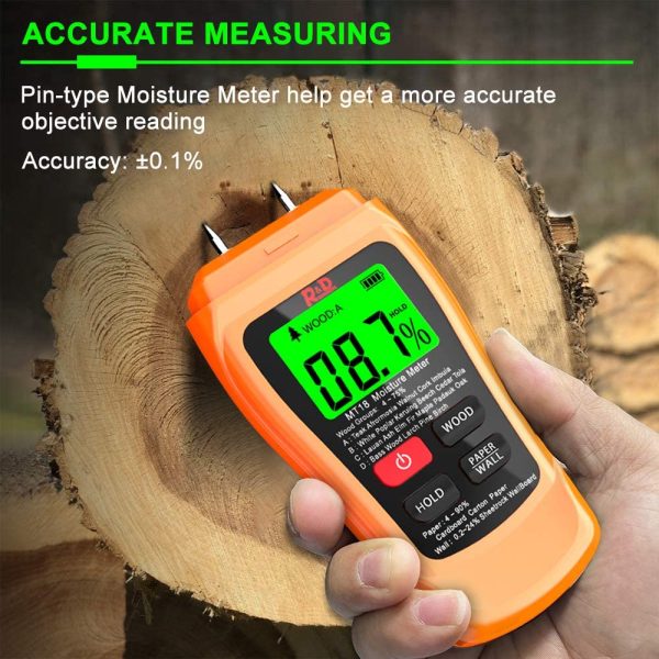 Wood Moisture Meter  MT-18 Two Pins Digital Wall Moisture Detector Paper Humidity Tester for Wood Building Material Firewood Walls Paper Floor (Orange) - Image 2