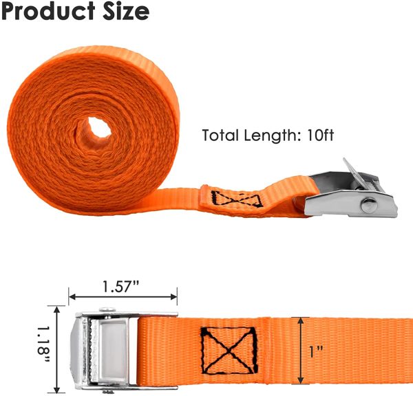 Lashing Straps 10' x 1'' Tie Down Straps with Zinc Alloy Cam Lock Buckle Up to 800lbs, for Cargo, Gear, Bikes & More (4 Pack, Black & Orange) - Image 6