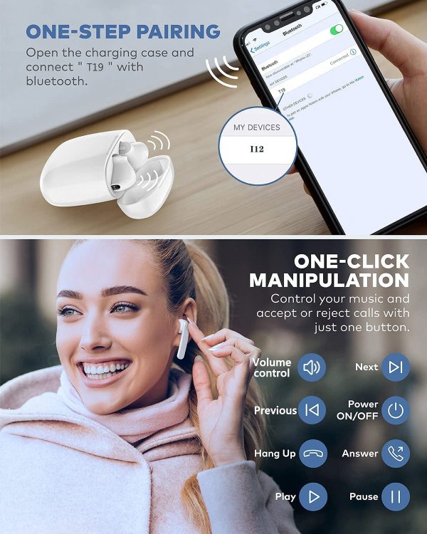 Wireless Earbuds Bluetooth 5.0 Earphones with Mini Charging Case, Mic, Immersive Bass Sound, in-Ear Headphones Waterproof for Sport/Work, Headsets Compatible with iPhone/Android/Samsung/PC, White