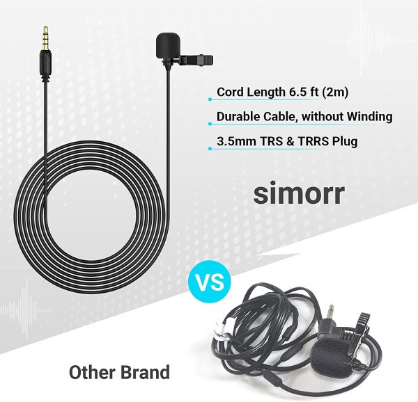 simorr Wave L1 3.5mm TRS/TRRS Professional Lavalier Microphone for Mobile Phone, Computer and Tablets for Youtube Video Shooting, Video Conference, Vlogging Lapel Clip-on Mic Cable Length 2M / 6.5ft [Balck] - 3388 - Image 5