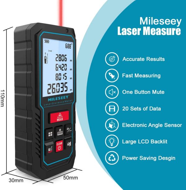 229Ft Laser Measure Device, Mileseey Digital Laser Tape Measure with Upgraded Electronic Angle Sensor, ??2mm Accuracy, Area Measurement,Volume and Pythagoras, Backlit LCD,Mute, Battery Included - Image 4