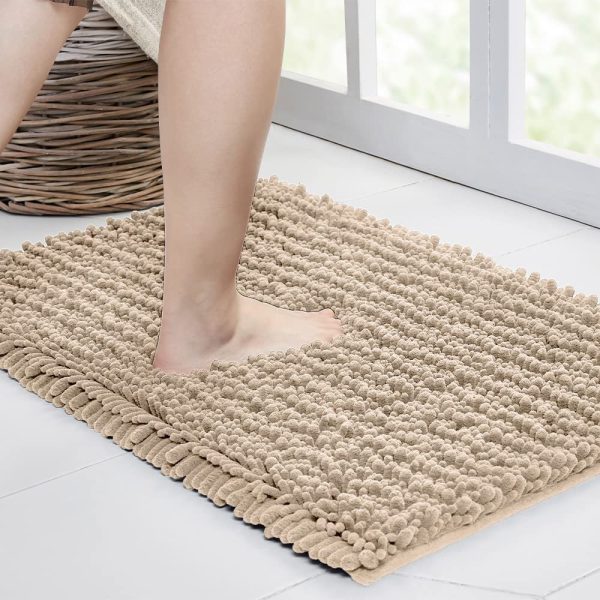 Bathroom Rug Non Slip Bath Mat (17x24 Inch Beige) Water Absorbent Super Soft Shaggy Chenille Machine Washable Dry Extra Thick Perfect Absorbant Best Small Plush Carpet for Shower Floor - Image 3