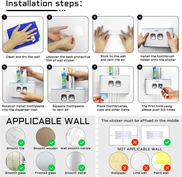 Toothbrush Holder Wall Mounted, WEKITY Multi-Functional Toothbrush and Toothpaste Dispenser for Bathroom, with 5 Toothbrush Slots, 2 Toothpaste Squeezers and 4 Cups(Blue) - Image 6