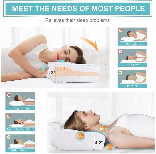 Memory Foam Pillow for Sleeping, Cervical Contour Orthopedic Pillow Relief Neck & Shoulder Pain Ergonomic Bed Pillow with Cooling Ice Silk Pillowcase for Side/Back/Stomach Sleepers - Image 5