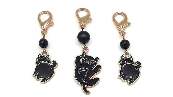 Set of 3 black cat charms with lobster clasps can be used as stitch markers for knitting and crochet, or can be used as functional zipper pulls or purse charms, or planner charms - Image 8