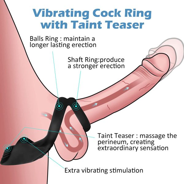 Vibrating Cock Ring with Taint Teaser, SENSIVO Dual vibrating Penis Ring with 10 Powerful Vibration Enhancing Erection Sex Toy for Men Couple Prostate Massager - Image 5