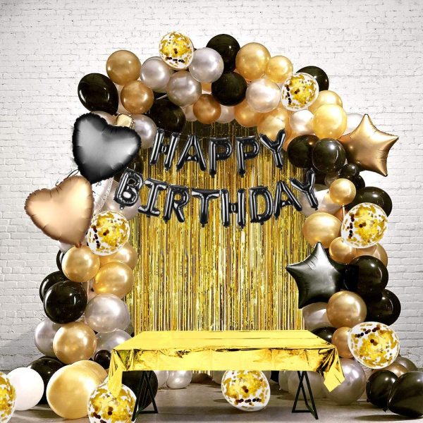 MOVINPE Black Gold Birthday Balloon Decoration, Happy Birthday Heart Star Fringe Curtain Foil Tablecloth Foil Confetti Balloons 10g Table Confetti For Boy Women Birthday Wedding Party - Image 4