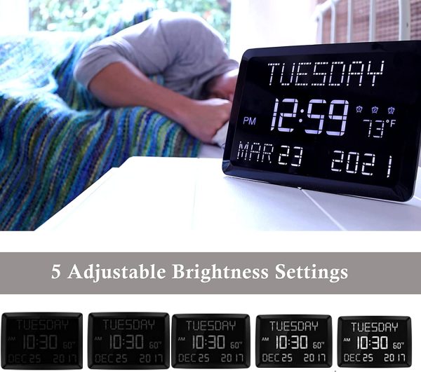 11.5?? Digital Wall Clock,Large Calendar Day Clock,Impaired Vision LED Desk Alarm Clock with 3 Alarms,Date,Temperature,5 Dimmer,2 USB Chargers,DST,12/24H,Loud Plug in Seniors Clock Battery Backup for Living Room Bedroom,Elderly Memory Loss Kids Teens Boys Girls - Image 7