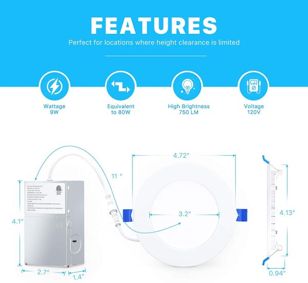 4Inch LED Recessed Slim Pot Light with Junction Box, 3000K, 9W 75W Eqv, Dimmable IC-Rated Ceiling Lighting, 750LM High Brightness - ETL and Energy Star Certified (1 Pack, Warm White 3000K)