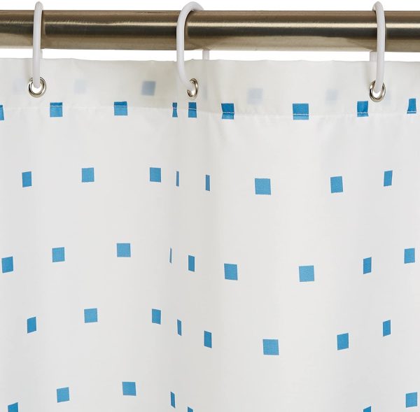 AmazonBasics Shower Curtain with Hooks - 72 x 72 Inch, Blue Squares