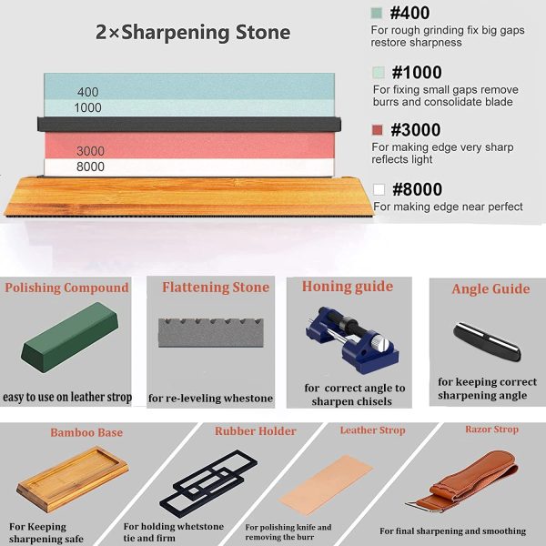 Knife Sharpening Stone Set , Includes 4 Side Grit 400/1000 3000/8000 Whetstone Knife Sharpener Kit,Safe Whetstone Knife Sharpener,Non-Slip Bamboo Base, Angle Guide,Polishing Compound??Leather Strop, Flattening Stone,Razor strop,rubber holder and honing guide - Image 5