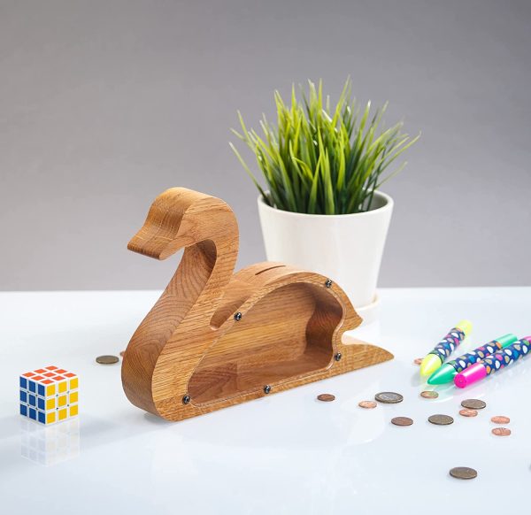 Wood piggy bank SWAN - Montessori wooden gifts for boys girls kids - Adult coin bank - Daughter gift from mom - Unique money box frame - Modern tip jar - Image 4