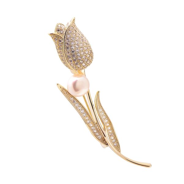 Tulip Flower Shaped Cubic Zirconia Cluster Freshwater Cultured Pear Brooch, Yellow Gold Plating