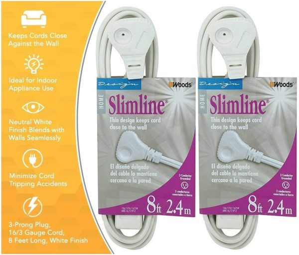 2-PACK - SlimLine 2241 Flat Plug Extension Cord, 3-Wire, White, 8-Foot