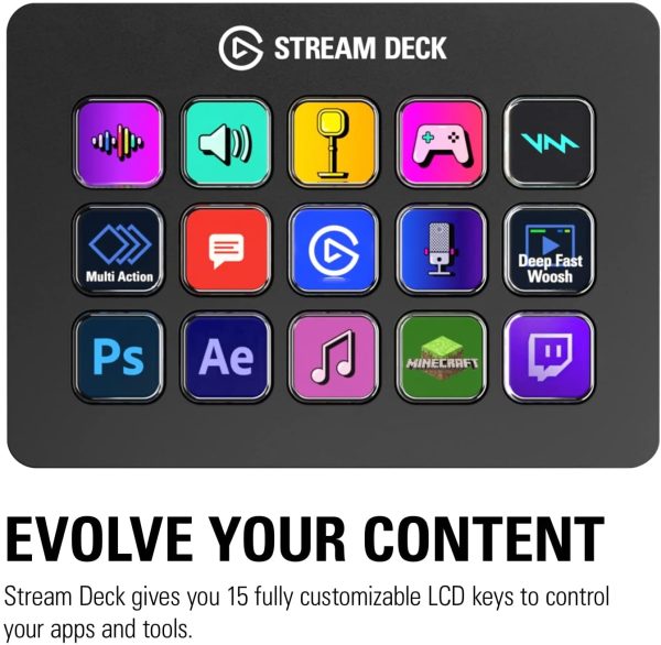 Stream Deck - Tactile Control Interface, 15 Customizable LCD Keys, Trigger Actions in apps, OBS, Twitch, YouTube and More, Detachable USB-C, Windows 10, macOS 10.13 or Later Black 10GBA9901 - Image 8