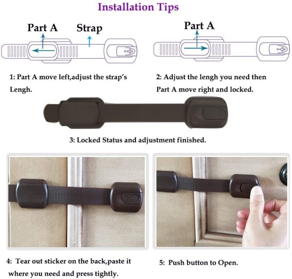 Child Safety kid safety Cabinet Lock Child Proofing Strap Locks for Baby Safety lock,Free Extra Adhesive Tape Included.No Drilling,Easy Installation.(Brown, 8 Pack) - Image 5