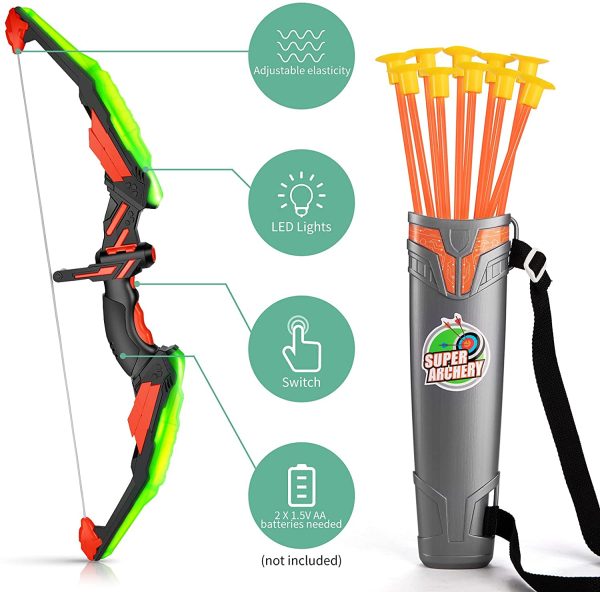 TMEI Bow and Arrow Set for Kids - Archery Toy Set - LED Light Up with 10 Suction Cup Arrows, Target & Quiver, Indoor and Outdoor Toys for Children Boys Girls(Green)