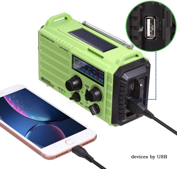 5-Way Powered Emergency Weather Radio AM/FM/SW/NOAA Radio with Solar Charging, Hand Crank,AAA Battery Operated, 5000 Build-in Rechargeable Battery, USB Cable, SOS Alarm,Cellphone USB Charger, LED Camping Flashlight/Reading Lamp, Headphone Jack, Compass for Home and Outdoor Emergencies - Image 4