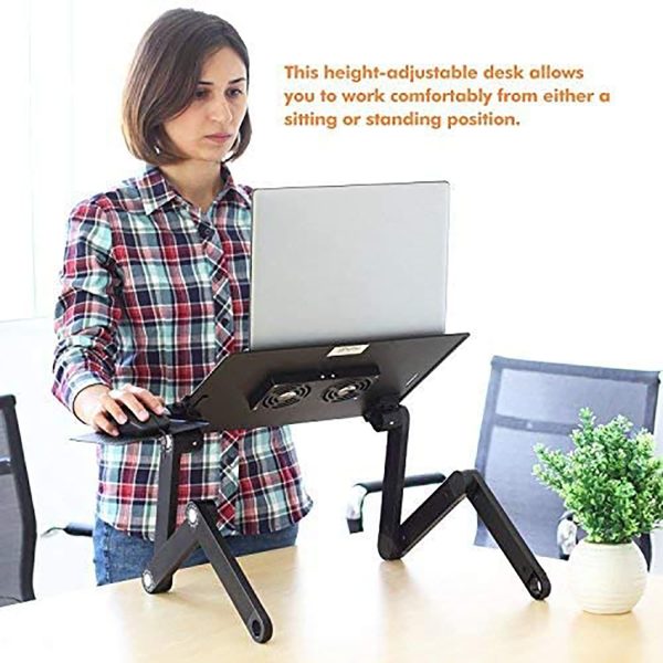 Adjustable Vented Laptop Table Computer Desk Portable Bed Tray Book Stand Multifuctional & Ergonomics Design Dual Layer Tabletop with Cooling Fan (Black) - Image 6