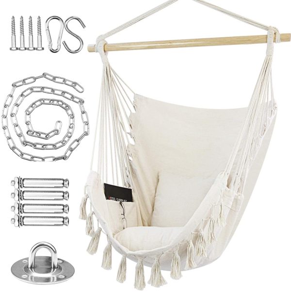 WBHome Extra Large Hammock Chair Swing with Hardware Kit, Hanging Macrame Chair Cotton Canvas, Include Carry Bag & Two Soft Seat Cushions, for Bedroom Indoor Outdoor, Max. Weight 330 Lbs (Beige) - Image 3