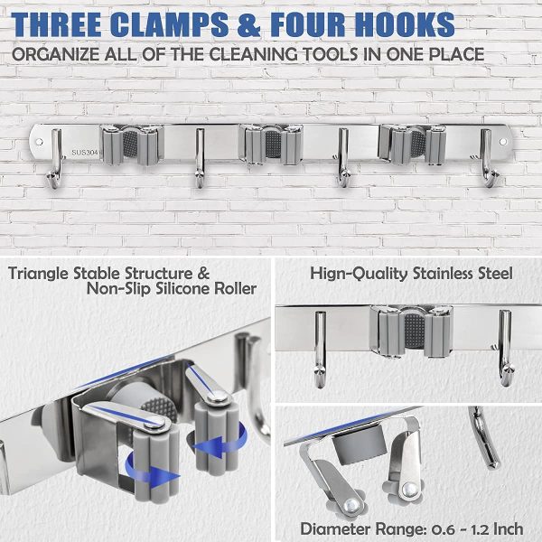 CHARMOUNT Mop and Broom Holder Wall Mount - Heavy Duty Mop & Broom Hanger with 3 Grippers 4 Hooks, Stainless Steel Mop Holder Wall Mount for Laundry Room/Closet/Basement/Tool/Garage Organizer and Storage (Grey) - Image 6