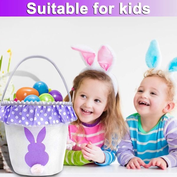 TOPLEE 3 PCS Easter Eggs Hunt Basket for Kids Canvas Bunny Basket Egg Bags Rabbit Fluffy Tails Party Celebrate Decoration Gift Toys Carry Bucket Tote (Ruffled) - Image 4