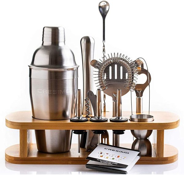 12pc Stainless Steel Cocktail Shaker Set - Cocktail Kit with Bamboo Stand, 18Oz Martini Shaker, Muddler, Jigger, Hawthorne Strainer, Cocktail Book & More - Home Bar Mixology Bartender Kit - Cresimo