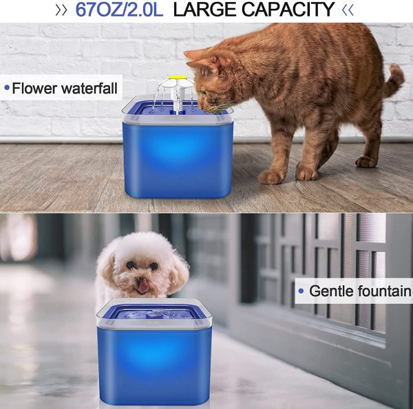 Cat Water Fountain, OWZ Pet Fountain Ultra-Quiet, 2.0L Cat Drinking Fountain with LED Light, Pet Water Fountain for Cats and Dogs, 2 Replacement Filters (Blue) - Image 5