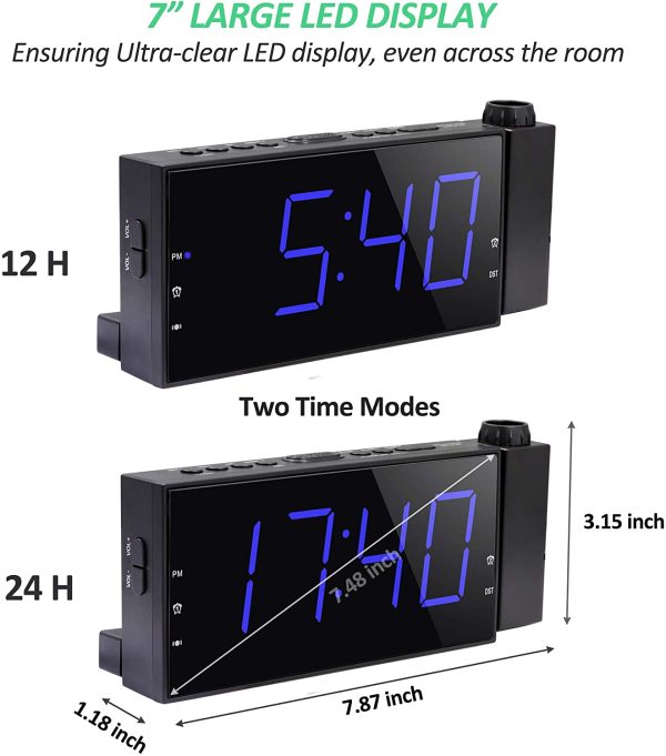 Projection Alarm Clock for Bedroom with USB Charger, 5-Level Dimmer, 2 Alarms, 5-level Adjustable Volume, 7" Large Screen, 9 Minutes Snooze, Battery Backup Setting, 180° Ceiling Digital Alarm Clock for Nightstand, Kids, Senior, Heavy Sleepers - Image 7