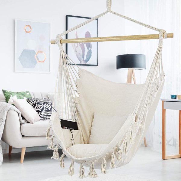 WBHome Extra Large Hammock Chair Swing with Hardware Kit, Hanging Macrame Chair Cotton Canvas, Include Carry Bag & Two Soft Seat Cushions, for Bedroom Indoor Outdoor, Max. Weight 330 Lbs (Beige) - Image 4