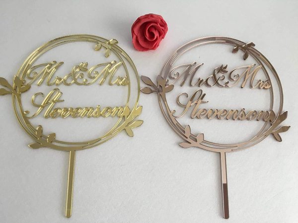 Personalized Wedding Laurel Wreath Cake Topper Circle Last Name Cake Decorations Family Name Mr and Mrs Custom Monogram Round Cake Toppers on Sticks Wood Rustic Acrylic Decor Bride Groom Centerpieces - Image 6