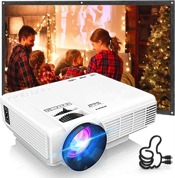 Projector with 100'' Projector Screen, Latest 1080P Full HD Outdoor Movie Projector, Mini Portable Projector Compatible with TV Stick, Video Games, HDMI, USB, TF, VGA, AUX, AV, PS4