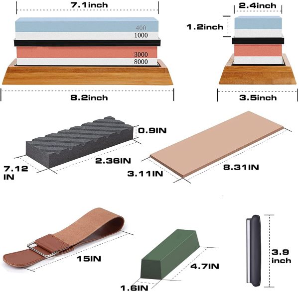 Knife Sharpening Stone Set , Includes 4 Side Grit 400/1000 3000/8000 Whetstone Knife Sharpener Kit,Safe Whetstone Knife Sharpener,Non-Slip Bamboo Base, Angle Guide,Polishing Compound??Leather Strop, Flattening Stone,Razor strop,rubber holder and honing guide - Image 2