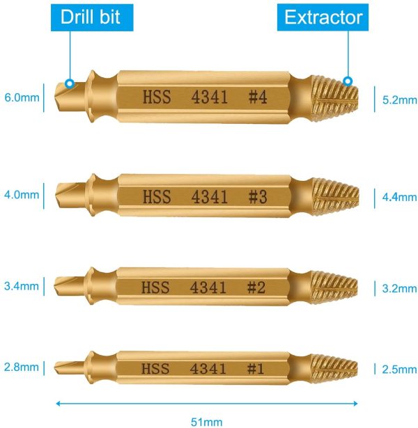 Screw Extractor, [Upgraded Version][5 Pieces] Diyife Stripped Screw Remover, Damaged Screw Bolt Extractor Set, Speed Out Drill Bits Guide Set for Broken or Damaged Screws Made from H.S.S. 4341#, Gold