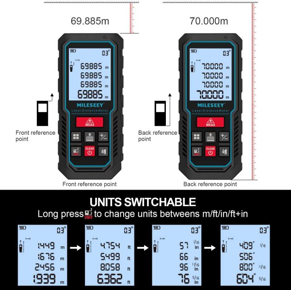 229Ft Laser Measure Device, Mileseey Digital Laser Tape Measure with Upgraded Electronic Angle Sensor, ??2mm Accuracy, Area Measurement,Volume and Pythagoras, Backlit LCD,Mute, Battery Included - Image 9