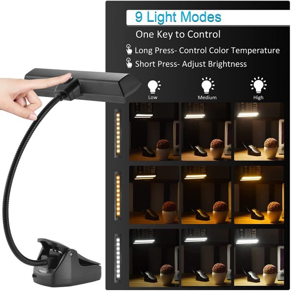 Rechargeable Book Light, Clip On Music Stand Light, 19 LEDs Reading Light - 3 Level Brightness Settings 3 Color Temperature Optional, LED Desk Lamp Perfect for Piano, Reading, Sewing, Working, Office - Image 7