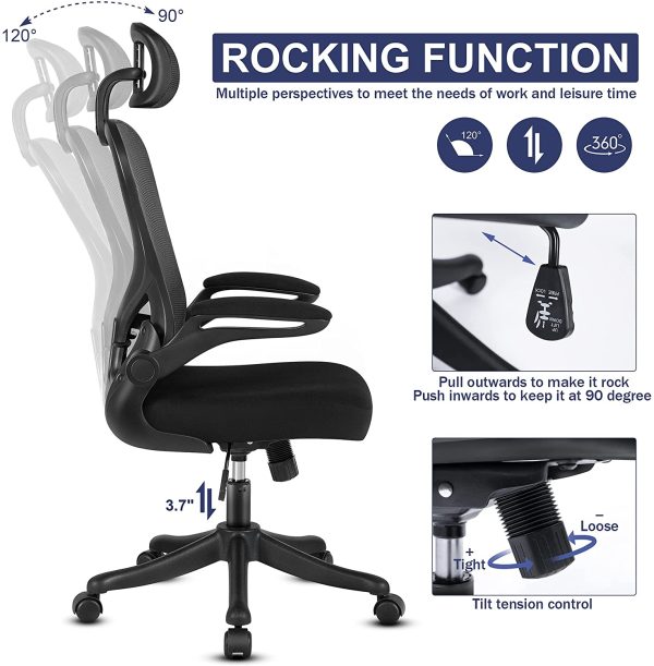 Desk Chair, Home Office Chair, Task Chair, Mesh Computer Chair, Office Chair with Headrest, Ergonomic Chair with Adjustable Lumbar Support and Flip-up Armrest for Work or Study (Black) - Image 3