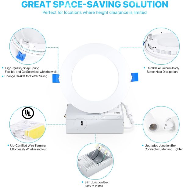 4Inch LED Recessed Slim Pot Light with Junction Box, 3000K, 9W 75W Eqv, Dimmable IC-Rated Ceiling Lighting, 750LM High Brightness - ETL and Energy Star Certified (1 Pack, Warm White 3000K) - Image 5