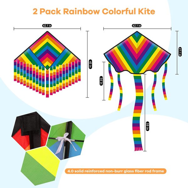 Kite for Kids Adults, 2 Pack Easy to Fly Rainbow Diamond Grid Cloth Strong Tear Resistance Kites with 328Ft Kite String Family Interactive Outdoor Activities Beach Games Toy - Image 5