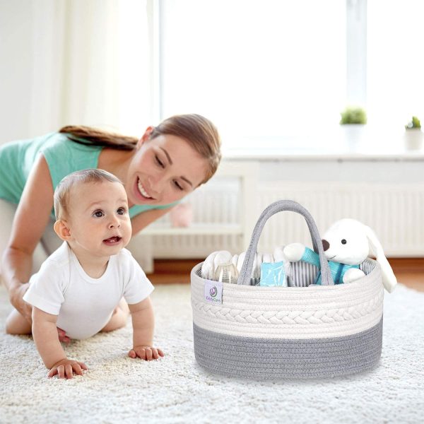 Baby Diaper Caddy Organizer - Stylish Rope Nursery Storage Bin 100% Cotton Canvas Portable Storage Caddy Basket for Changing Table & Car - Diaper Organizer for Baby Girl & Baby Boy (Gray Regular) - Image 5