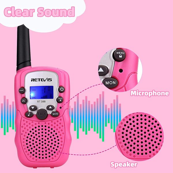 RT388 Walkie Talkie for Kids,Toy Walkie Talkies for 6-12 Year Old Girls Boys,Hands Free Long Range,22 CH LCD Flashlight,Birthday Gifts,Camping Hiking Skiing(Pink, 1 Pair) - Image 3