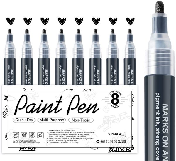 Black Acrylic Paint Pens - 8Pack Black Paint Markers, Acrylic Paint Pens for Rock Painting, Stone, Wood, Canvas, Glass, Metallic, Ceramic, Graffiti, Paper, Drawing, Water-Based Acrylic Paint Sets - Image 6