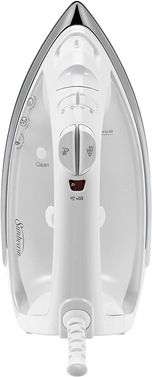 Sunbeam Classic 1200 Watt Mid-Size Anti-Drip Non-Stick Soleplate Iron with Shot of Steam/Vertical Shot Feature and 8' 360-degree Swivel Cord, White/Clear, GCSBCL-317-000 - Image 4